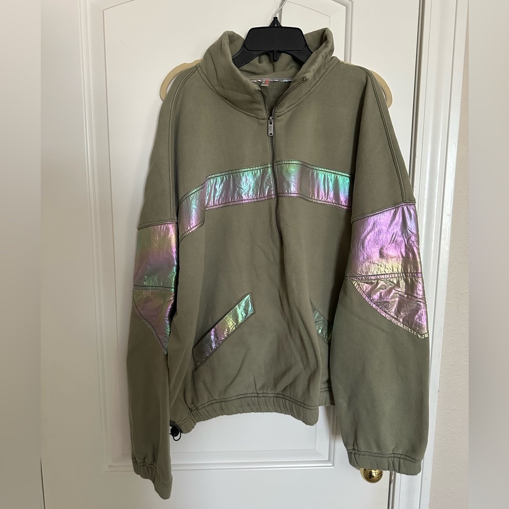 NWT free people olive green iridescent quarter zip sweatshirt medium